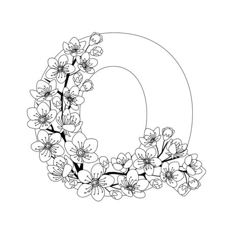 Capital letter Q patterned with contour hand drawn doodle blossom cherry. Monochrome page anti stress adult coloring book.のイラスト素材
