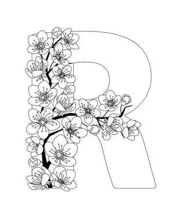 Capital letter R patterned with contour hand drawn doodle blossom cherry. Monochrome page anti stress adult coloring book.のイラスト素材