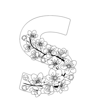 Capital letter S patterned with contour hand drawn doodle blossom cherry. Monochrome page anti stress adult coloring book.のイラスト素材