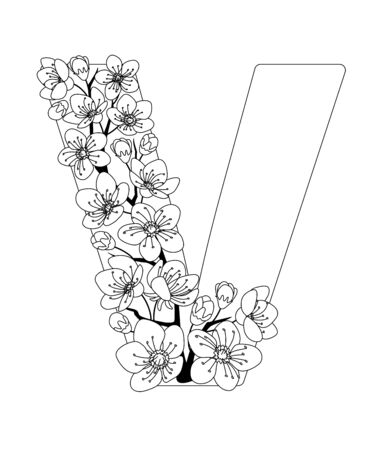 Capital letter V patterned with contour hand drawn doodle blossom cherry. Monochrome page anti stress adult coloring book.のイラスト素材