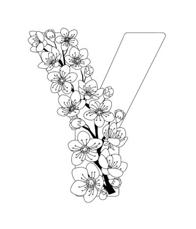 Capital letter Y patterned with contour hand drawn doodle blossom cherry.のイラスト素材