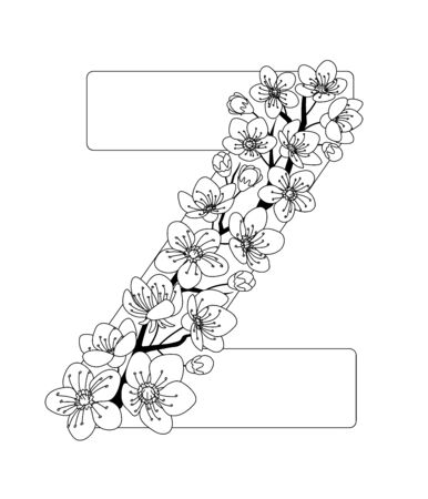 Capital letter Z patterned with contour hand drawn doodle blossom cherry. Monochrome page anti stress adult coloring book.のイラスト素材