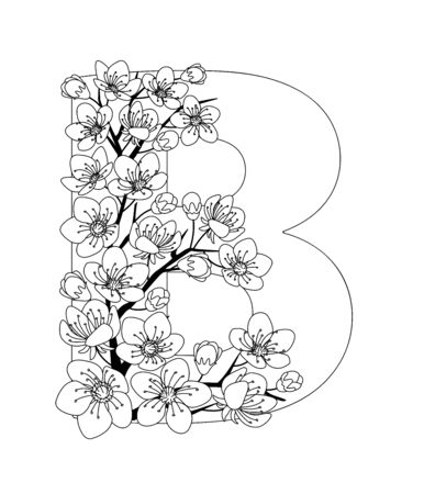 Capital letter B patterned with contour hand drawn doodle blossom cherry. Monochrome page anti stress adult coloring book.のイラスト素材