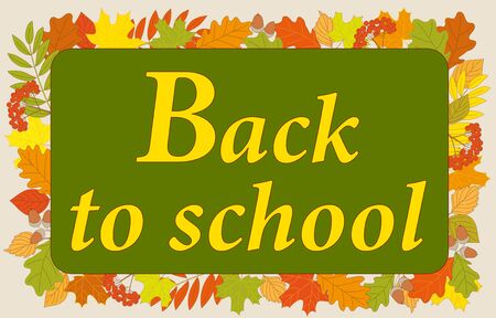 Slogan Back to School on the green chalkboard and colorful autumn foliage background.のイラスト素材