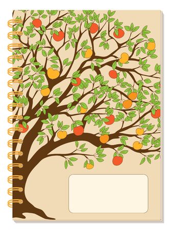 Cover design with drawing tree, autumn apples, blank space, beige backdrop for tutorial cover, school notebook, exercise book, sketchbook, album, copybook.のイラスト素材