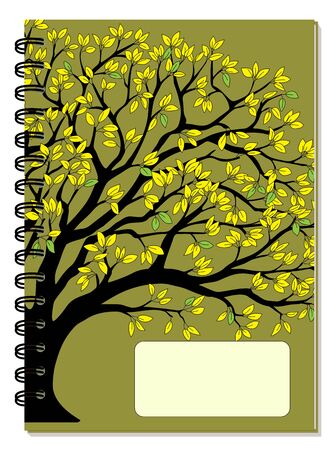 Cover design with drawing yellow foliage tree, blank space, green backdrop for tutorial cover, school notebook, exercise book, sketchbook, album, copybook.のイラスト素材