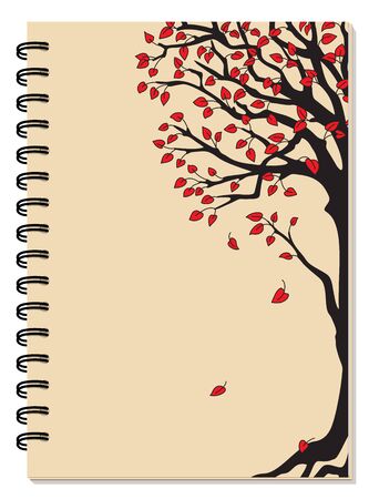 Cover design with drawing black tree, red leaves on the beige backdrop for tutorial cover, school notebook, exercise book, sketchbook, album, copybook.のイラスト素材