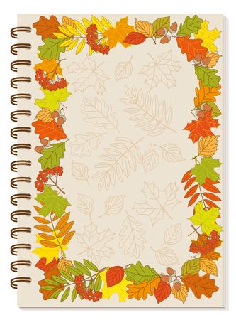 Cover design with colorful frame autumn foliage and rowanberry bunch for tutorial cover, school notebook, exercise book, sketchbook, album, copybook. A5 size notebook template with spiral.のイラスト素材