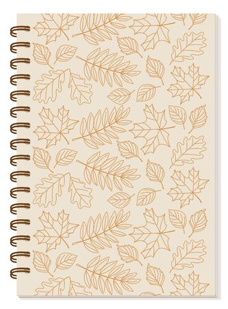 Cover design with hand drawn patterned contour autumn leaves for tutorial cover, school notebook, exercise book, sketchbook, album, copybook.のイラスト素材