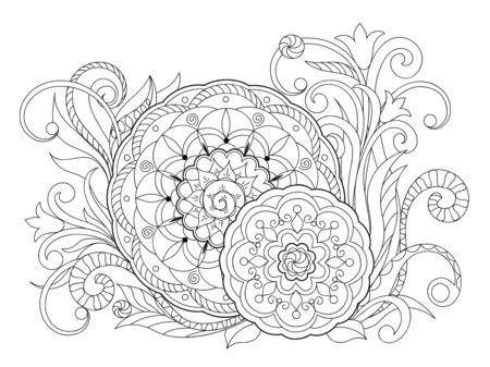 Floral zen-tangle pattern in boho style with mandalas. Isolated page for tattoo, adult anti-stress coloring book, backdrop for visit and invitation card. Outline monochrome vector illustration. eps 10のイラスト素材