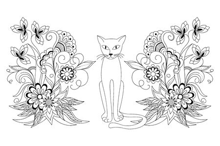 Coloring page with cartoon cat and hand drawn mehndi flowers for  adult antistress coloring book, album, wall mural, tattoo template. eps 10のイラスト素材