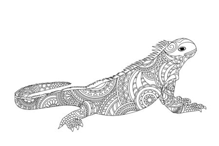 Coloring page with hand drawn patterned iguana isolated on the white for children and adult antistress coloring book, album, wall mural, tattoo. eps 10のイラスト素材