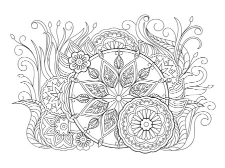 Floral zen-tangle pattern in boho style with mandalas. Isolated page for tattoo, adult anti-stress coloring book, backdrop for visit and invitation card. Outline monochrome vector illustration. eps 10のイラスト素材