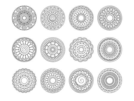 Set of 12 mandalas with hand drawn  elements in arabic, Indian, ethnic motifs. Image for anti-stress therapy, adult coloring books, tattoo, decorate dishes and stationery,  wall art and mural. eps 10
のイラスト素材