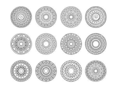 Set of 12 mandalas with hand drawn  elements in arabic, Indian, ethnic motifs. Image for anti-stress therapy, adult coloring books, tattoo, decorate dishes and stationery,  wall art and mural. eps 10のイラスト素材