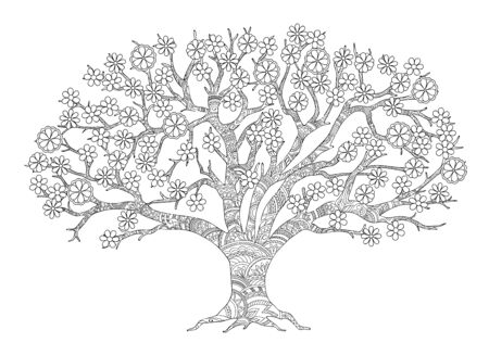 Hand drawn patterned apple tree in zen tangle style with blossom. Isolated image for adult anti-stress coloring book, home art, decorate wall. Outline monochrome vector illustration.のイラスト素材