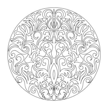 Contour composition  in damask, Arabic, turkish, pakistan motifs. Image for anti-stress therapy, adult coloring books,  engraving, decorate dishes, labels, greeting, visit, invitation cards. eps 10 のイラスト素材