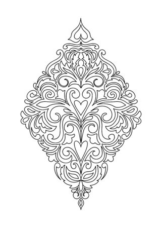 Contour composition  in damask, Arabic, turkish, pakistan motifs. Image for anti-stress therapy, adult coloring books,  engraving, decorate dishes, labels, greeting, visit, invitation cards. eps 10 のイラスト素材