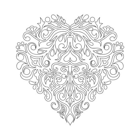 Contour composition  in damask, Arabic, turkish, pakistan motifs. Image for anti-stress therapy, adult coloring books,  engraving, decorate dishes, labels, greeting, visit, invitation cards. eps 10 のイラスト素材