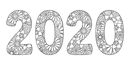 Handwritten number 2020 patterned with zen-tangle doodle flowers. Isolated on white. Handwritten font 2020 for decorate, banner, poster, invitation, new year card, adult coloring book.のイラスト素材