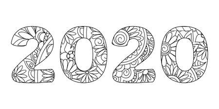 Handwritten number 2020 patterned with tangled flowers and leaves isolated on white. Handwritten font 2020 for decorate, banner, poster, invitation, new year card, adult coloring book.のイラスト素材