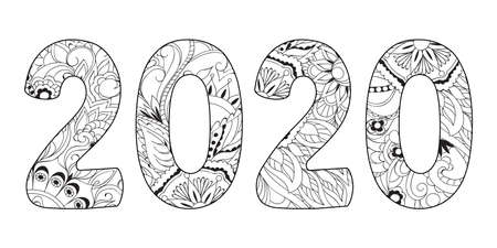 Handwritten number 2020 patterned with tangled flowers and leaves isolated on white. Handwritten font 2020 for decorate, banner, poster, invitation, new year card, adult coloring book.のイラスト素材
