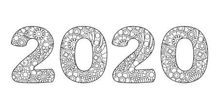 Handwritten number 2020 patterned with tangled flowers and leaves isolated on white. Handwritten font 2020 for decorate, banner, poster, invitation, new year card, adult coloring book.のイラスト素材