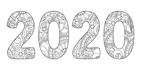 Handwritten number 2020 patterned with tangled flowers and leaves isolated on white. Handwritten font 2020 for decorate, banner, poster, invitation, new year card, adult coloring book.のイラスト素材