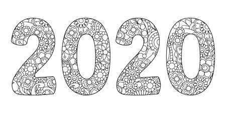 Handwritten number 2020 patterned with tangled flowers and leaves isolated on white. Handwritten font 2020 for decorate, banner, poster, invitation, new year card, adult coloring book.のイラスト素材