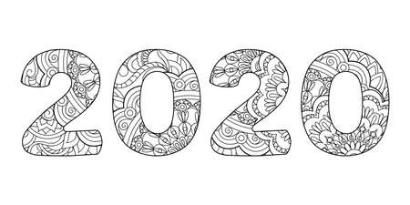 Handwritten number 2020 patterned with tangled flowers and leaves isolated on white. Handwritten font 2020 for decorate, banner, poster, invitation, new year card, adult coloring book.のイラスト素材