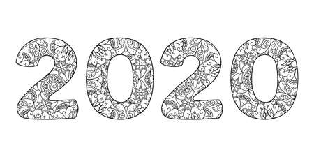 Handwritten number 2020 patterned with tangled flowers and leaves isolated on white. Handwritten font 2020 for decorate, banner, poster, invitation, new year card, adult coloring book.のイラスト素材