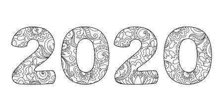 Handwritten number 2020 patterned with tangled flowers and leaves isolated on white. Handwritten font 2020 for decorate, banner, poster, invitation, new year card, adult coloring book.のイラスト素材