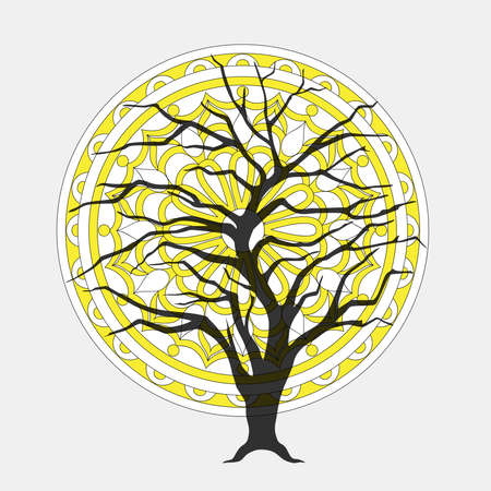Isolated  mandala with geometric elements and  black silhouette of the tree for decorate yoga things, clothes, apparel, wall art, flyers and visit cards background design.のイラスト素材
