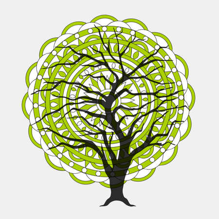 Isolated  mandala with geometric elements and  black silhouette of the tree for decorate yoga things, clothes, apparel, wall art, flyers and visit cards background design.のイラスト素材
