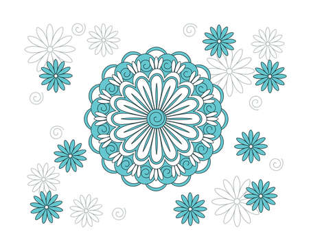 Turquoise mandala with hand drawn arabesky elements and flowers. Isolated mandala pattern on the white. Mandala print for decorate home, cards, dishes, porcelain, femine clothes, stationery, cases, bags. eps 10.のイラスト素材