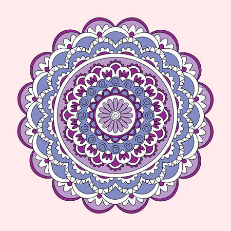 Colorful mandala with hand drawn arabesky elements. Isolated mandala on the pink. Mandala print for decorate home, cards, dishes, porcelain, femine clothes, stationery, cases, bags.のイラスト素材
