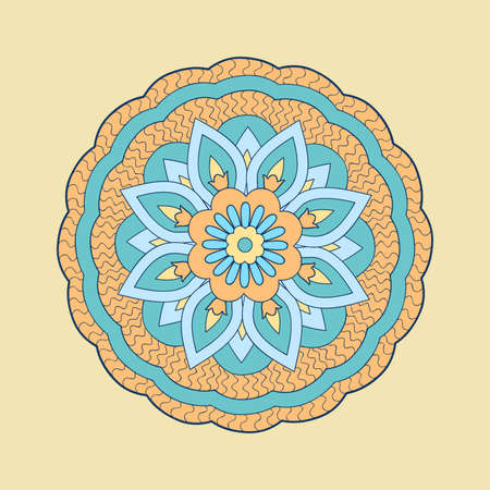 Colorful mandala with hand drawn arabesky elements. Isolated mandala on the beige. Mandala print for decorate home, cards, dishes, porcelain, femine clothes, stationery, cases, bags.のイラスト素材