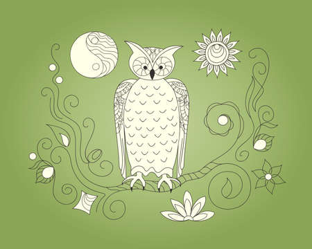 Hand drawn doodle composition with owl, moon and sun symbols for canvas print, decorate home, wall, cover coloring and drawing album, notebook, stationery, cases, bags. eps 10.のイラスト素材