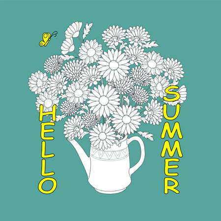 Monochrome floral bouquet in the teapot with yellow butterfly and text Hello summer. Print for card, decorate t-shirt, tunic, apparel.のイラスト素材