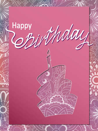 Creative birthday card with handwritten inscription Happy Birthday and cake's doodle silhouette on the hand drawn patterned background. eps10.のイラスト素材