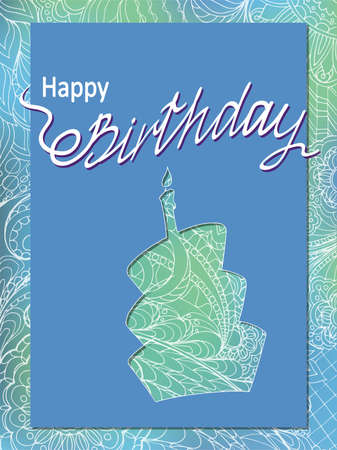 Creative birthday card with handwritten inscription Happy Birthday and cake's doodle silhouette on the hand drawn patterned background. eps10.のイラスト素材