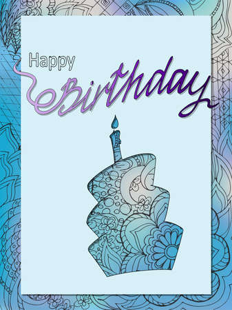 Creative birthday card with handwritten inscription Happy Birthday and cake's doodle silhouette on the hand drawn patterned background. eps10.のイラスト素材