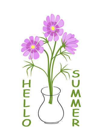 Postcard with three camomiles in contour vase and text Hello Summer. Isolated print for t-shirt, tunic or decorate.のイラスト素材