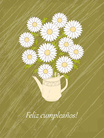 Vintage birthday or invitation card with chamomiles in the teapot and spanish language text Feliz CumpleaÃ±os. Print for festive dishes, gift packing and decorate tea party events.のイラスト素材