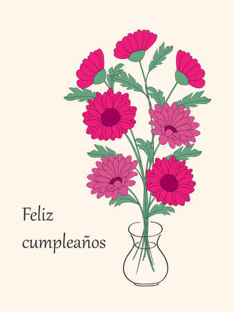 Birthday or invitation card with bouquet of dahlias in the vase and spanish language text Feliz CumpleaÃ±os. Print for festive dishes, gift packing and decorate party events.のイラスト素材