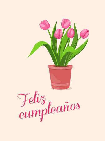 Birthday or invitation card with bouquet of tulips in the pot and spanish language text Feliz CumpleaÃ±os. Print for festive dishes, gift packing and decorate party events.のイラスト素材