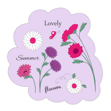 Image with floral composition and words lovely, flowers and summer. Isolated print for t-shirt, tunic or decorate dishes, wall and stationery.のイラスト素材