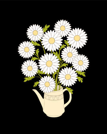 Birthday or tea party invitation card with chamomiles in the teapot on the black background. Print for home art, decorate.のイラスト素材