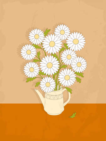 Birthday or tea party invitation card with chamomiles in the teapot on the old paper. Print for home art, decorate.のイラスト素材