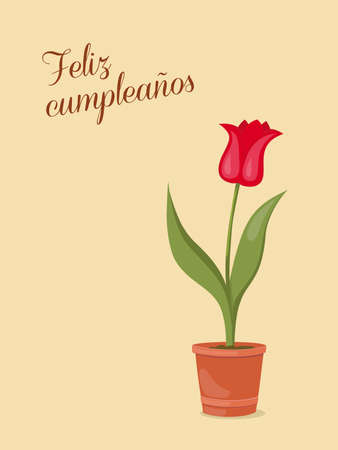 Birthday or invitation card with tulip in the pot and spanish language text Feliz CumpleaÃ±os. Print for festive dishes, gift packing and decorate party events.のイラスト素材